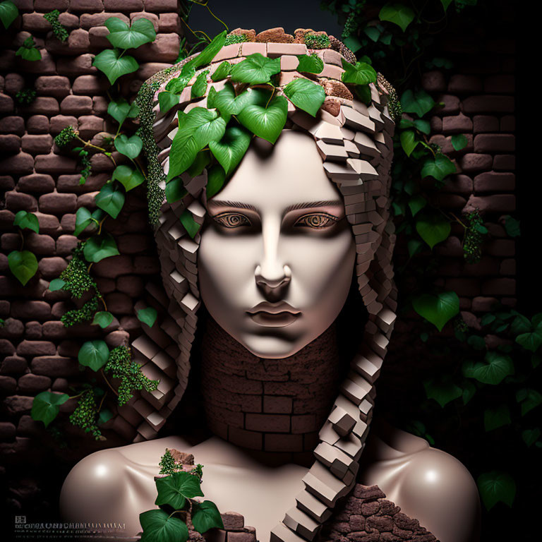 Digital artwork: Female figure with stone-like hair and terracotta features entwined with green foliage