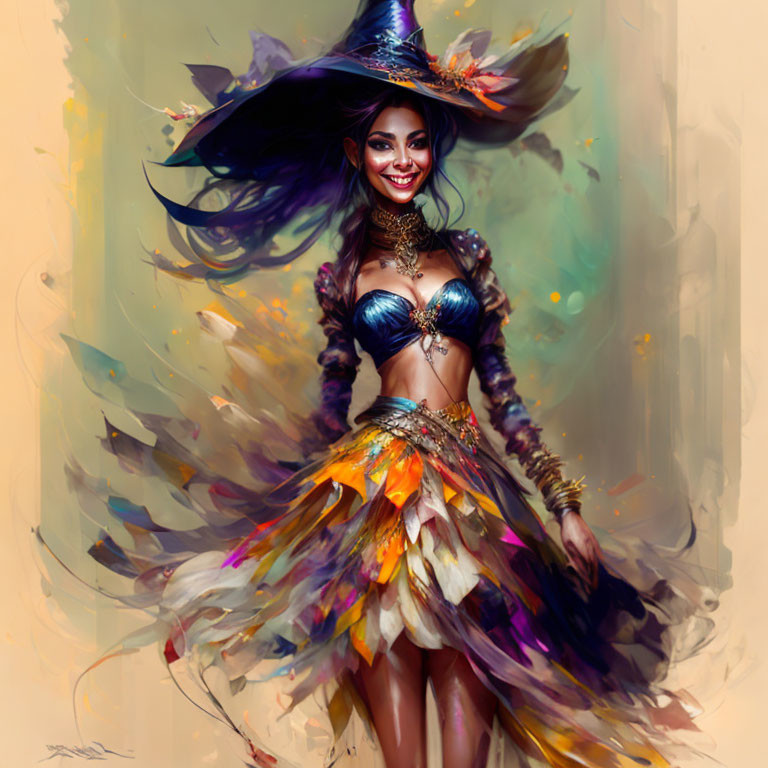 Colorful Smiling Witch in Feathered Hat and Layered Skirt