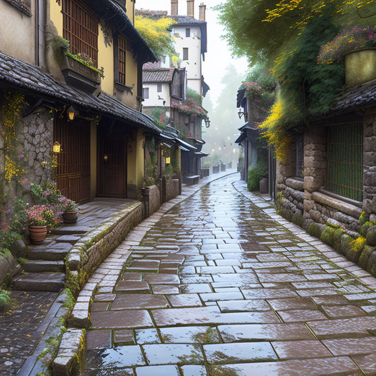 Historical village scene: cobblestone street, old houses, greenery & mist