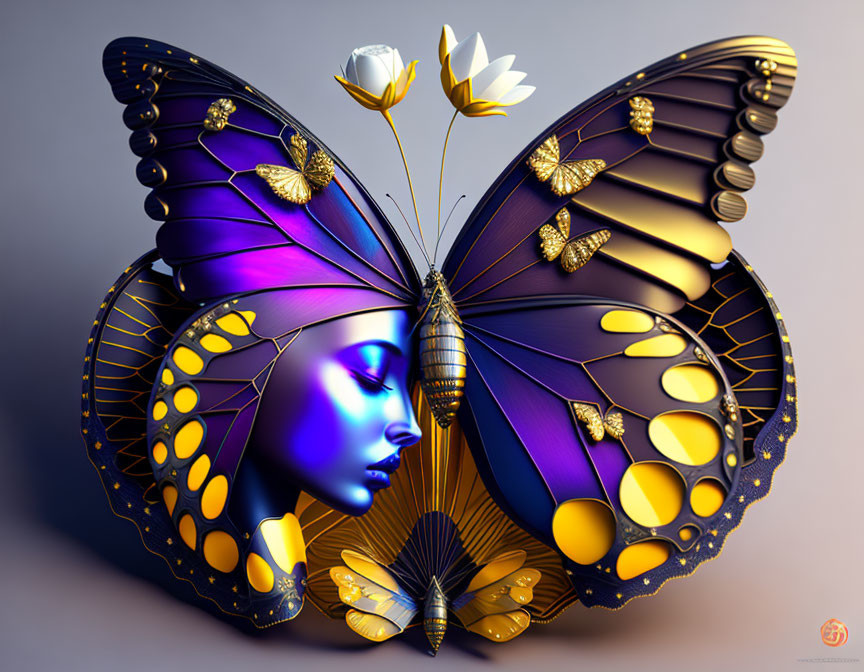 Woman's profile merged with butterfly in purple and gold on gradient background