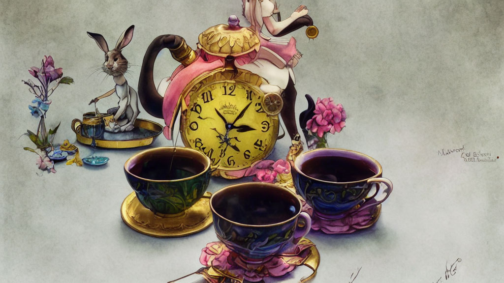 Whimsical Mad Hatter's Tea Party Art with Clock and Teacups