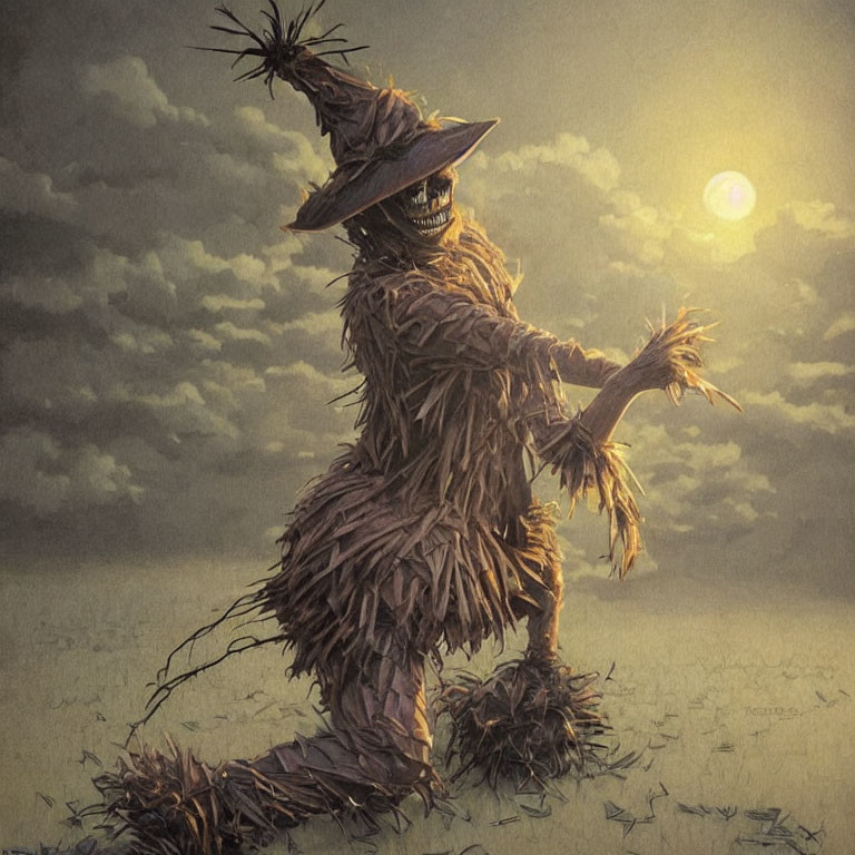 Anthropomorphic scarecrow with hat dancing in field at sunset