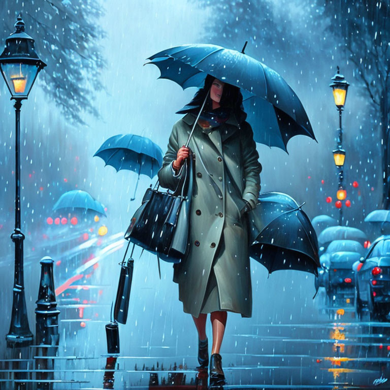 Person in trench coat with umbrella walking on rainy street with lit lamps