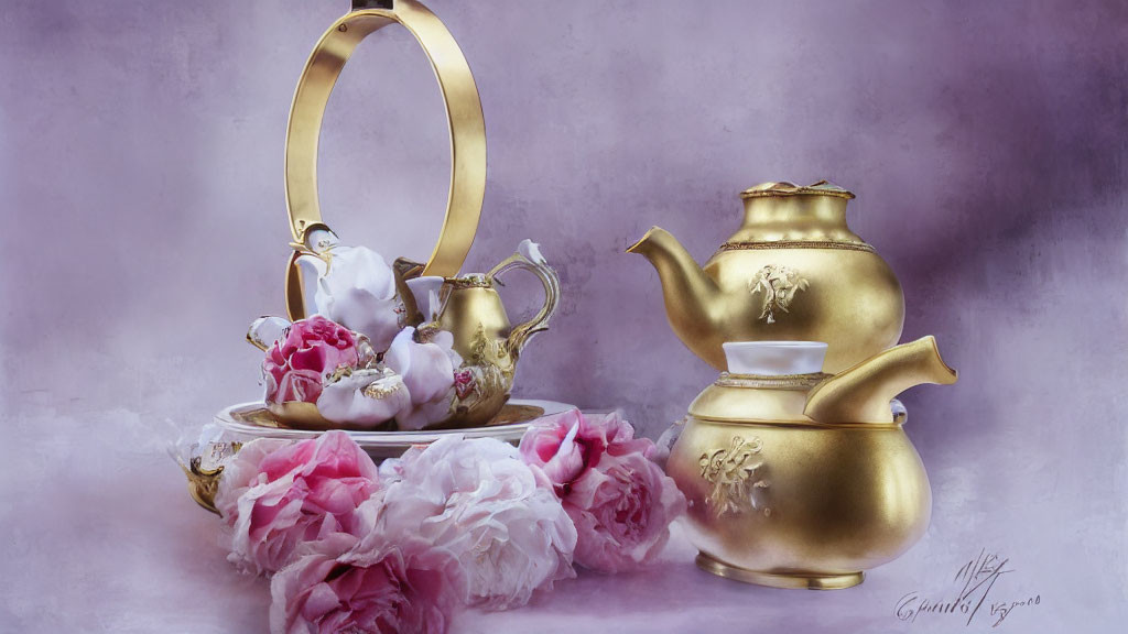 Golden teapot, creamer, flowers on mirrored tray with oval handle