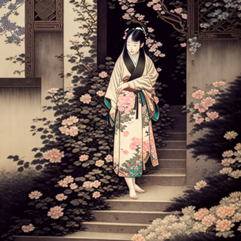 Traditional Japanese woman illustration with blooming flowers on staircase