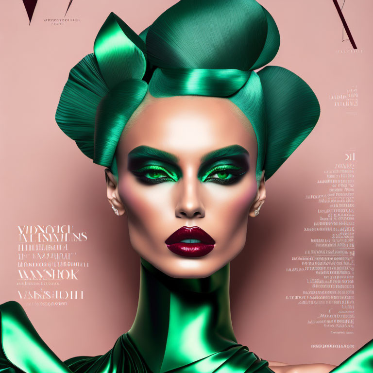 Emerald Green Headwear and Makeup on Woman with Sharp Contours