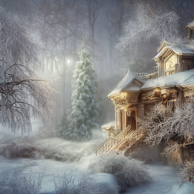 Frost-covered wooden house in snowy winter scene