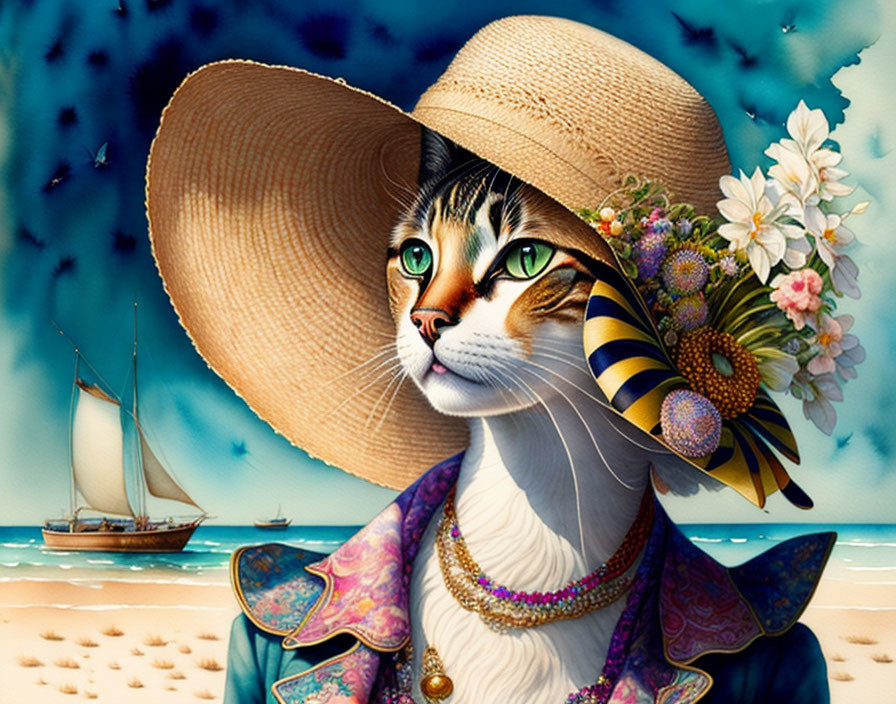 Feline with human-like features in elegant attire on beach with sailboat