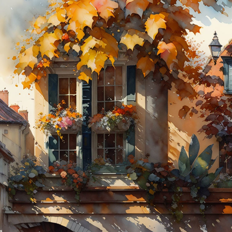 European-style window with autumn foliage and flowers, lamppost, and fall leaves in warm hues