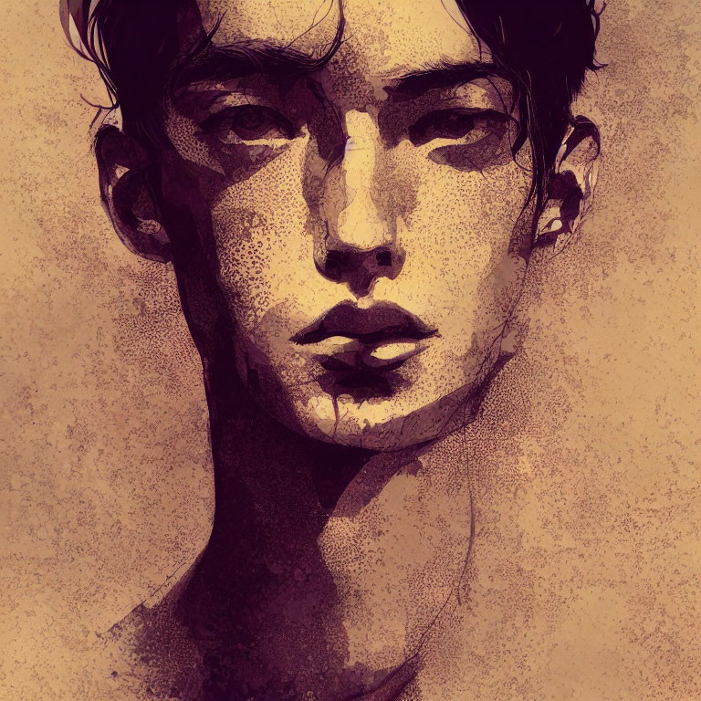 Detailed sepia-toned portrait with intense gaze.