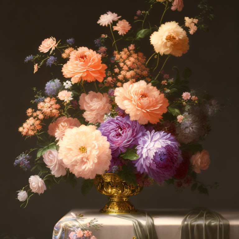 Multicolored flowers in golden vase on dark background