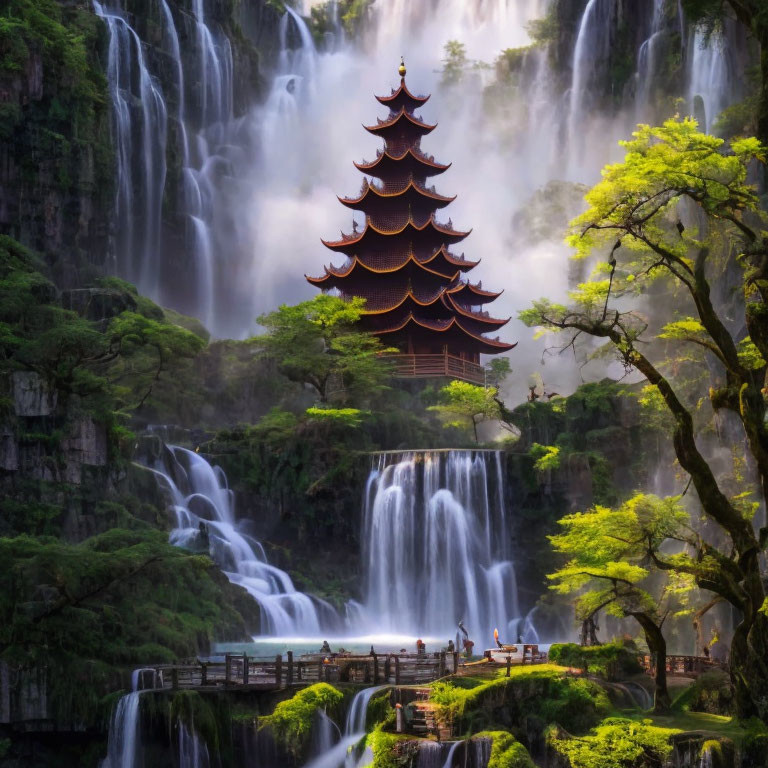 Majestic waterfall and pagoda with lush greenery and visitors