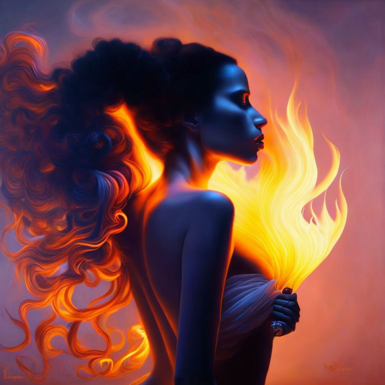 Digital artwork: Woman with flowing hair turns into flames on warm gradient.