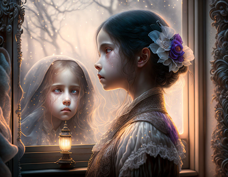 Young girl with blue flower gazes at frosty window reflection in warm lantern glow