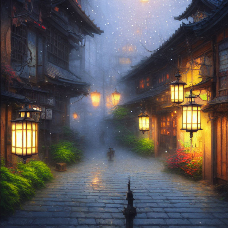 Traditional Lantern-Lit Cobblestone Street in Twilight Snowfall