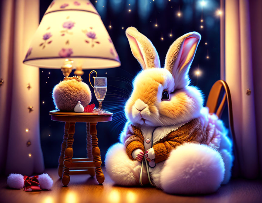 Illustration of a bunny in cozy room with shirt, glass, teddy bear, and lamp