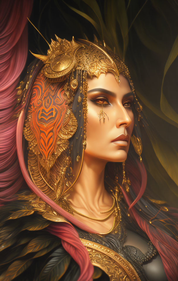 Digital artwork: Woman with golden headgear and intricate facial markings in pink and yellow surroundings.