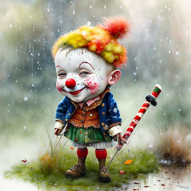 Colorful Clown Illustration with Whimsical Character Holding Umbrella