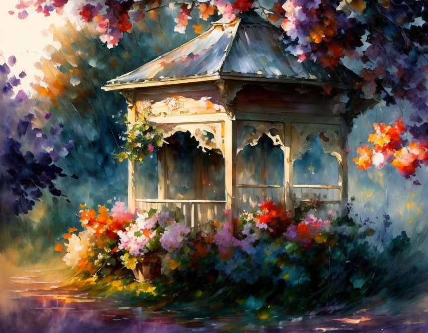 Ornate Gazebo Surrounded by Vibrant Blooms and Foliage