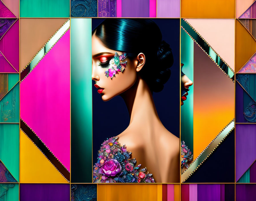 Colorful makeup woman profile with flower face art on vibrant geometric background