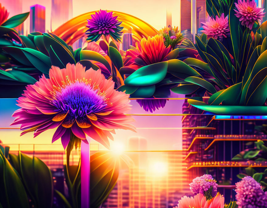 Colorful digital artwork: flowers, sunset, futuristic cityscape