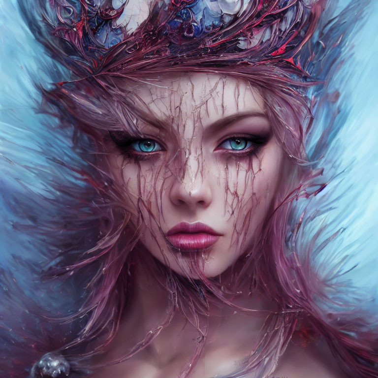 Fantasy female character with blue eyes, pink hair, crown, and fluffy fur