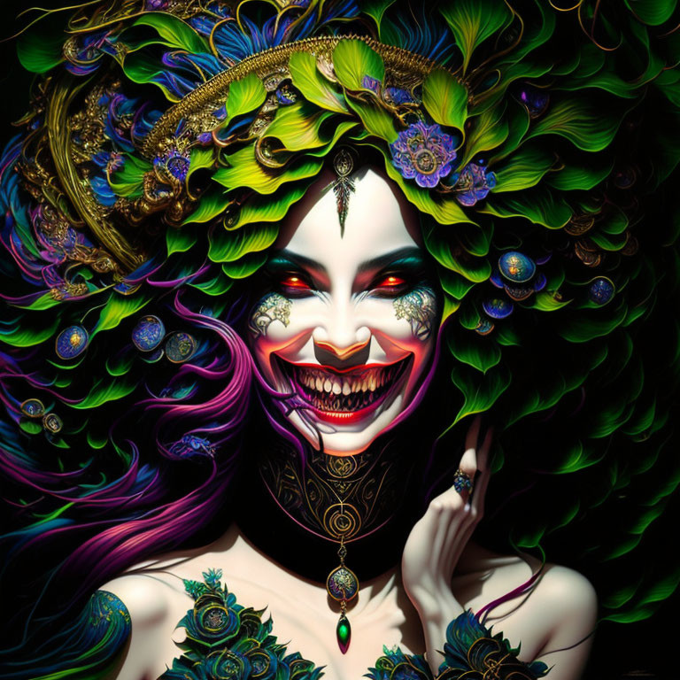 Colorful portrait of smiling female with green hair and mystical aura