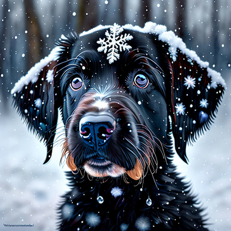 Black dog with snowflake on head in wintry scene