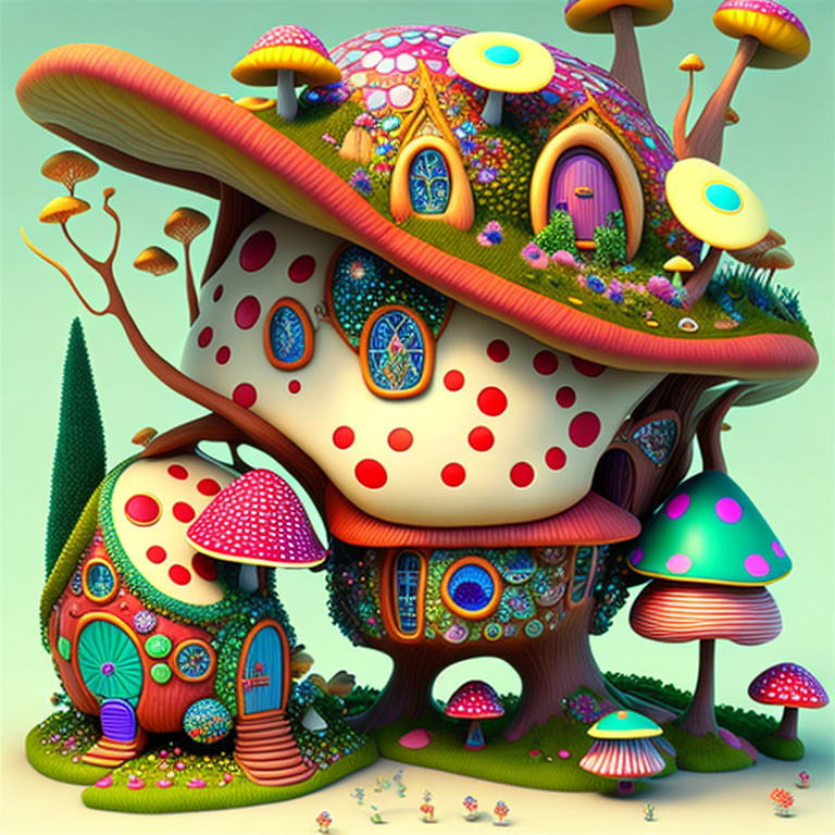 Colorful Fantasy Mushroom House Illustration with Vibrant Details