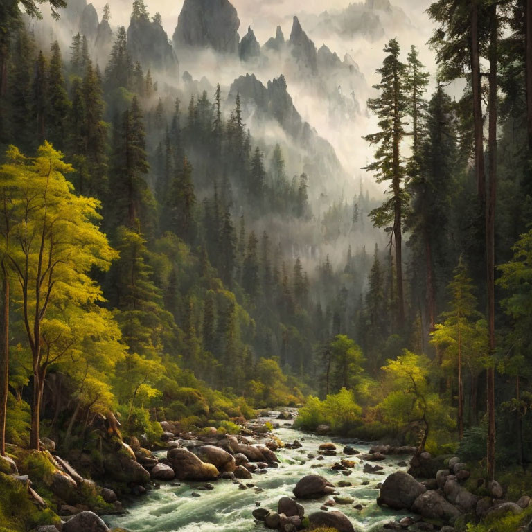 Tranquil river in misty mountain forest landscape