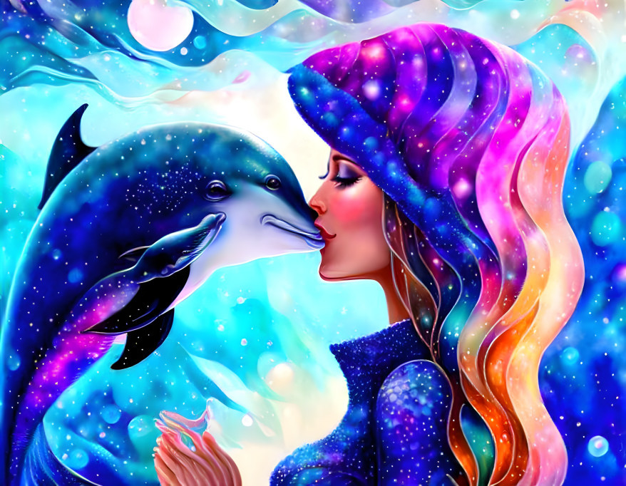 Mermaid kissing a dolphin