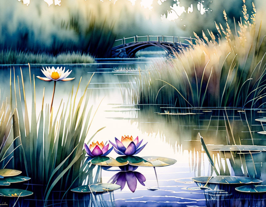 Serene watercolor painting of lotus pond with bridge and tall grasses