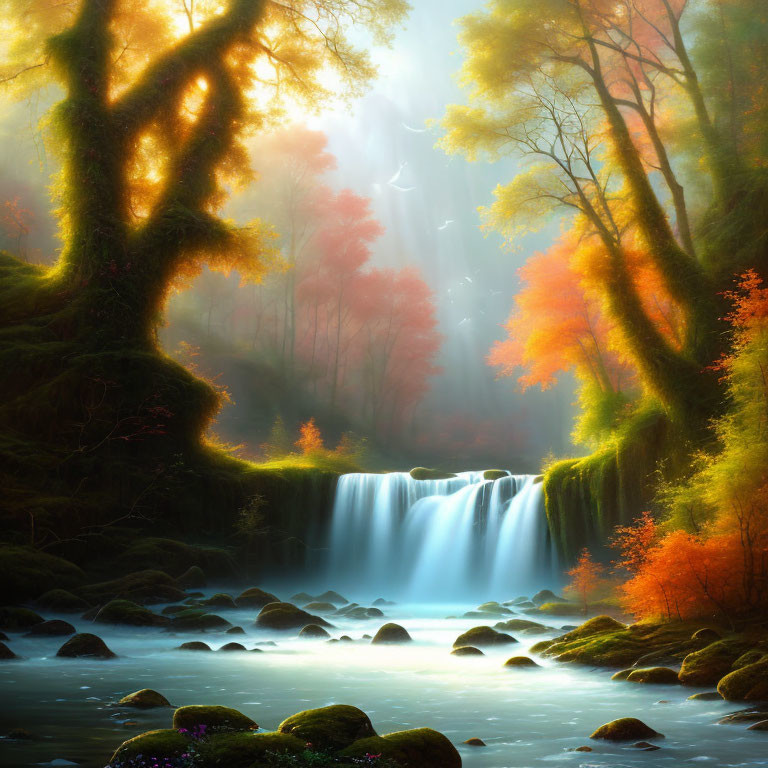 Tranquil waterfall in autumn forest under soft sunlight