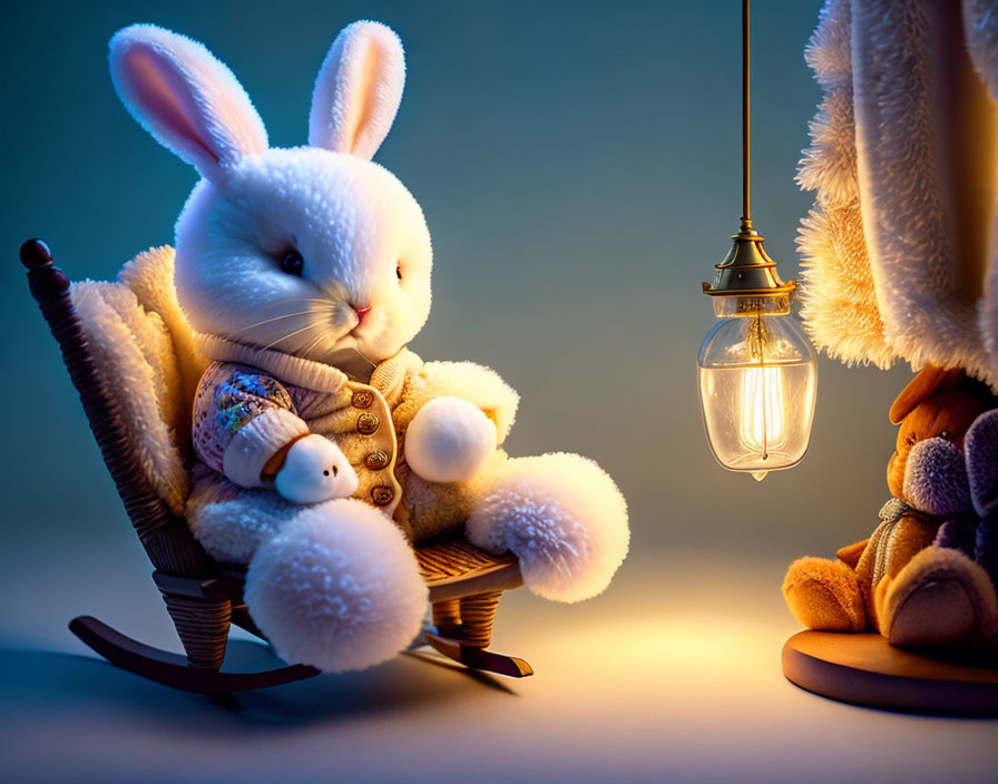 Plush bunny in rocking chair beside lantern and toy under warm lighting