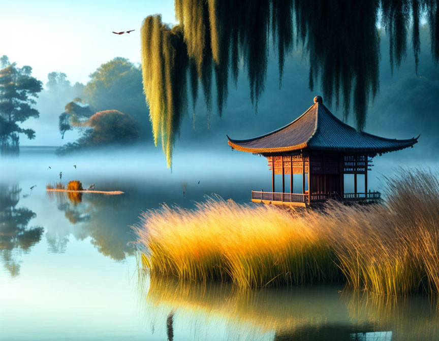 Tranquil sunrise scene: lake, gazebo, willows, mist, birds