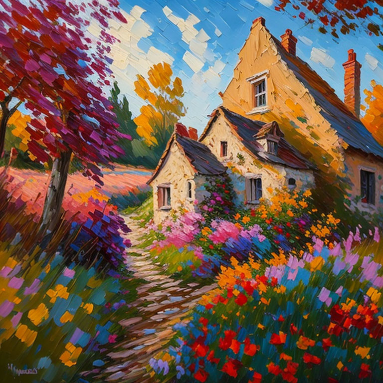 Colorful impressionistic painting: stone cottage, flowerbeds, trees under blue sky