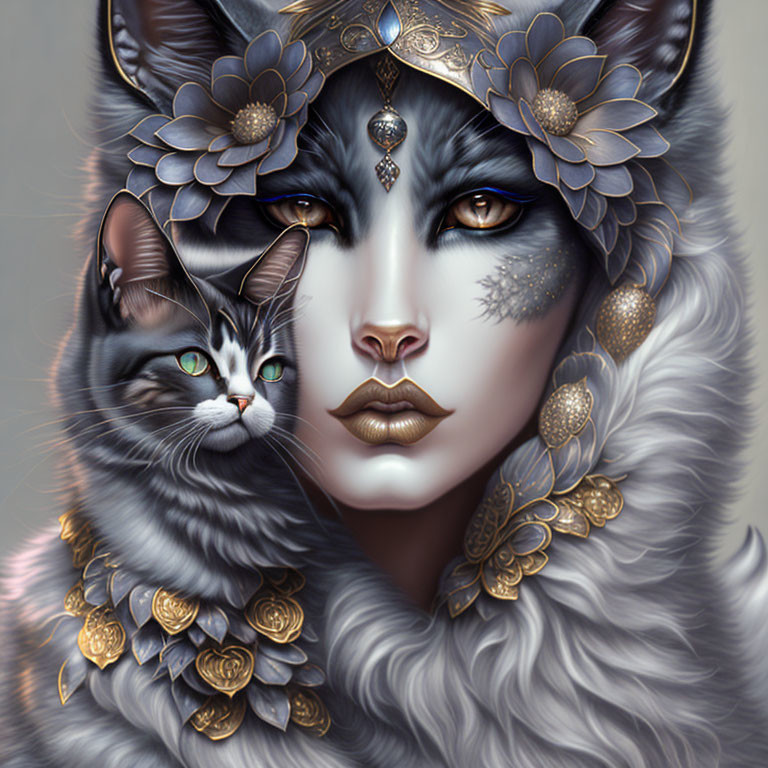 Woman with feline features and cat in regal fantasy setting.