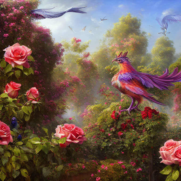 Colorful Crowned Bird on Bush of Red Roses in Magical Garden