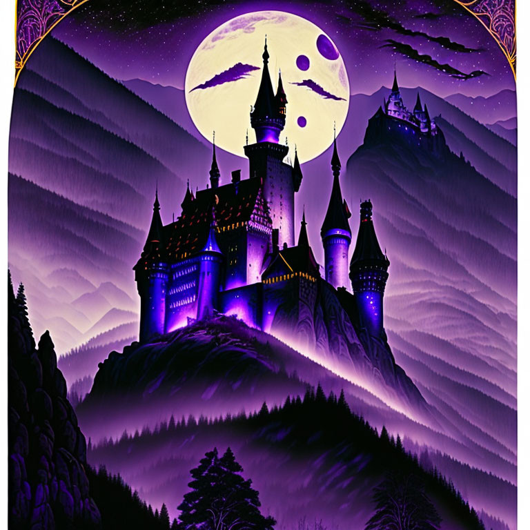 Purple-toned castle on hill at night with full moon and smaller castle among mountains