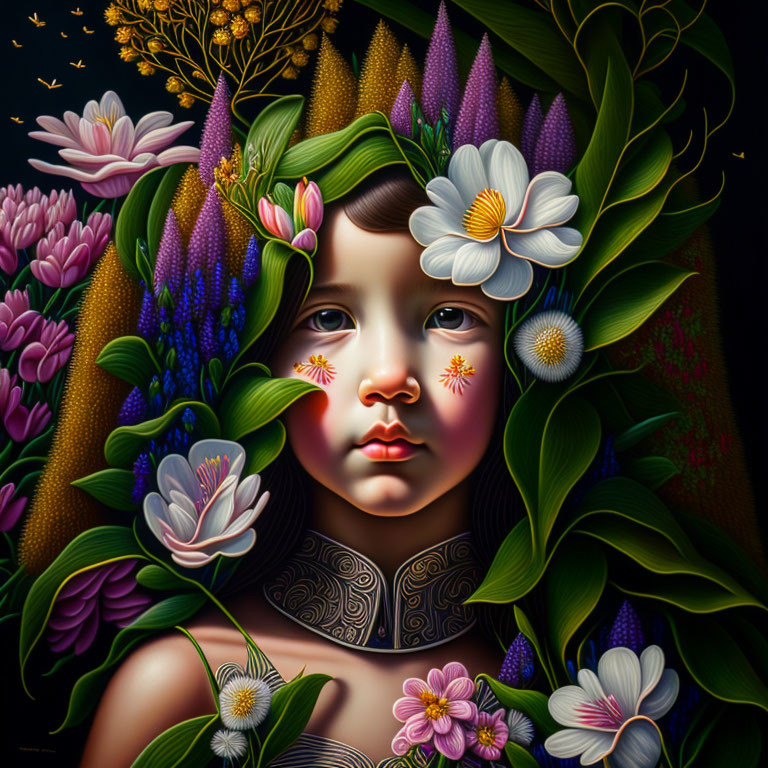 Child's Face Surrounded by Vibrant Flowers and Dark Background