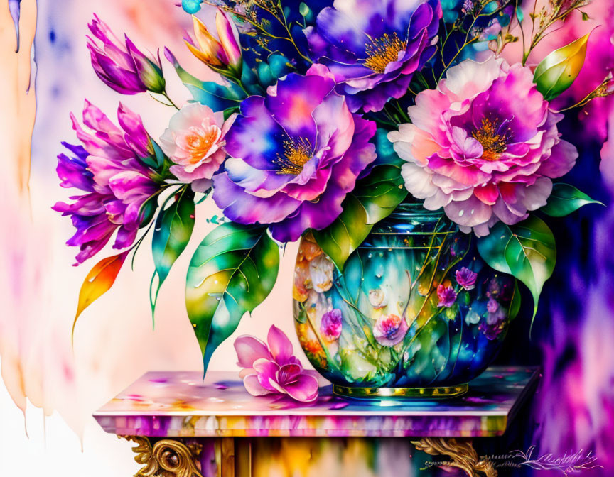 Colorful Flower Bouquet Painting on Teal Vase Against Pastel Background