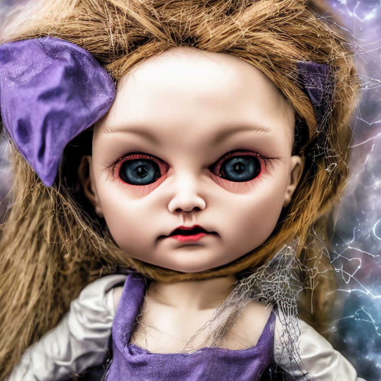 Creepy doll with red eyes, brown hair, purple dress, cobwebs