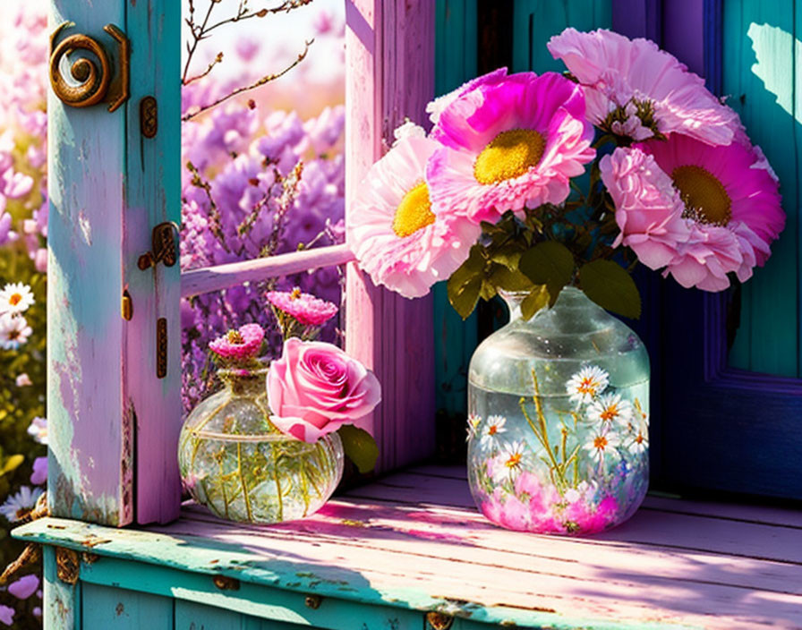 Vibrant Flowers in Transparent Vases on Weathered Windowsill