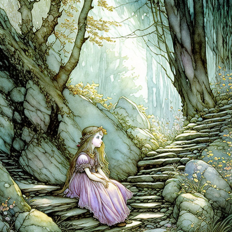 Girl in Purple Dress Sitting on Stone Steps in Ethereal Forest