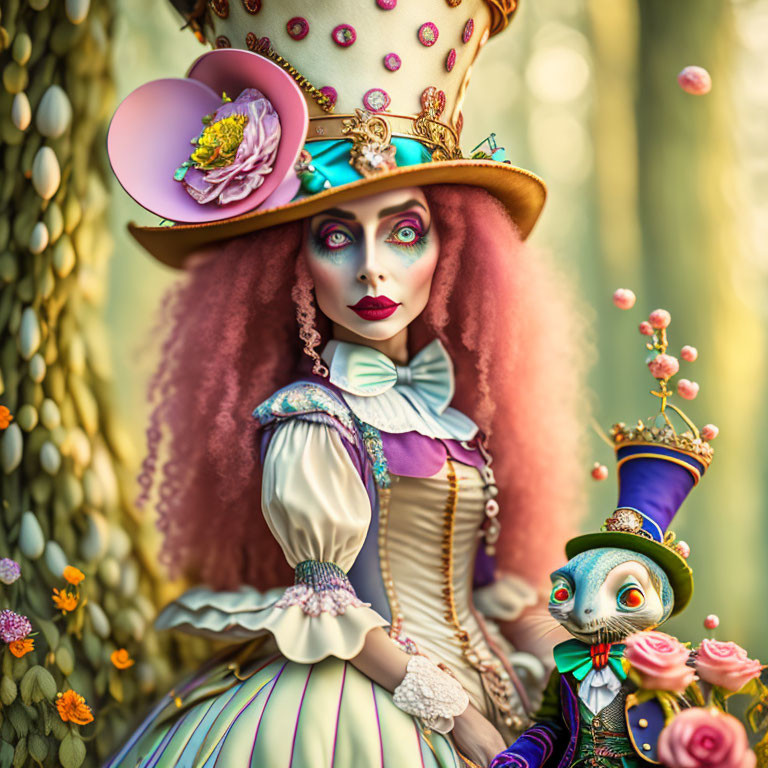 Whimsical Mad Hatter-inspired character with doll-like figure in dreamy floral setting