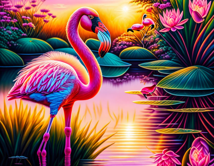 Colorful artwork: Pink flamingo in water with lotus flowers under sunset sky