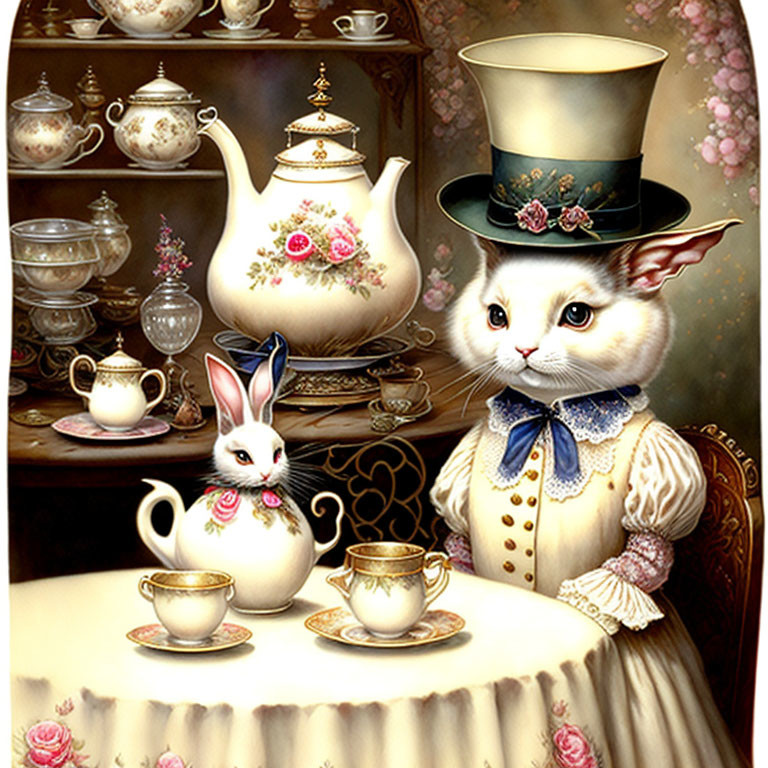 Anthropomorphic cat and rabbit in elegant attire with vintage tea set