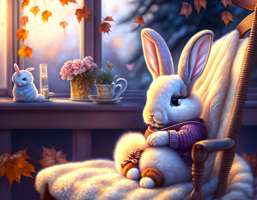 Anthropomorphic bunny in sweater on rocking chair with plush toy in autumnal setting