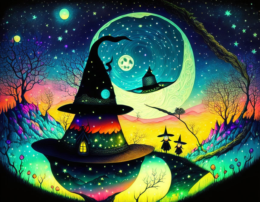 Whimsical witches under starry sky in magical landscape