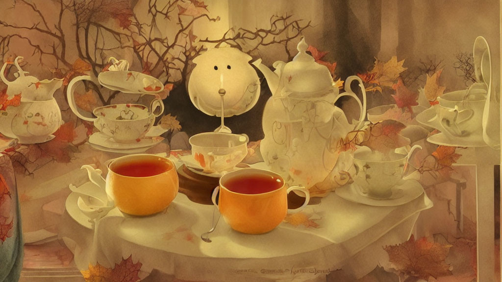 Autumn-themed illustration featuring pumpkin cups, teapot, fall leaves, and whimsical character